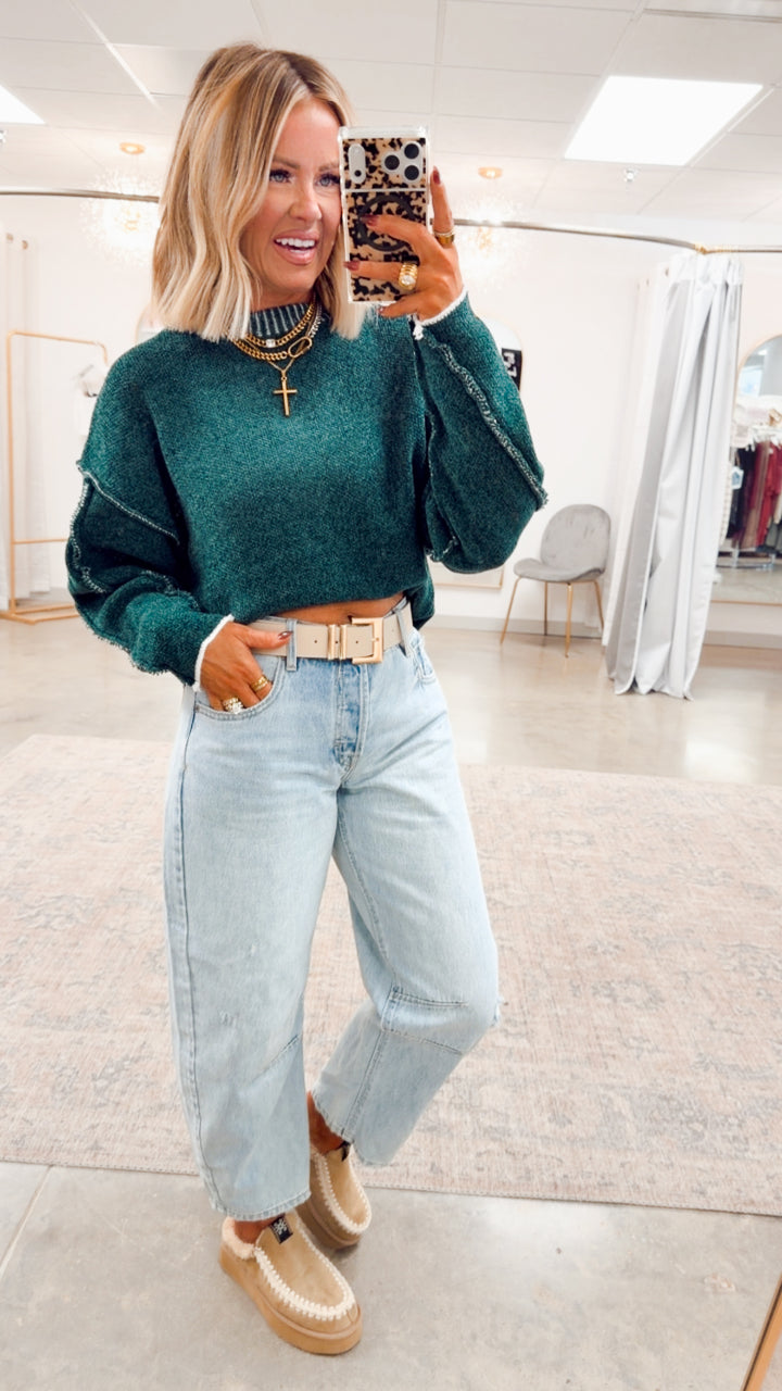 Waverly Exposed Seam Sweater-Hunter Green
