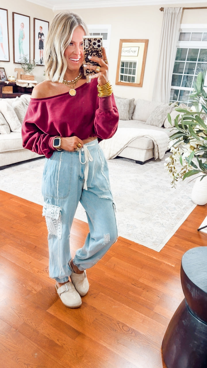 Alina Off Shoulder Sweatshirt-Burgundy