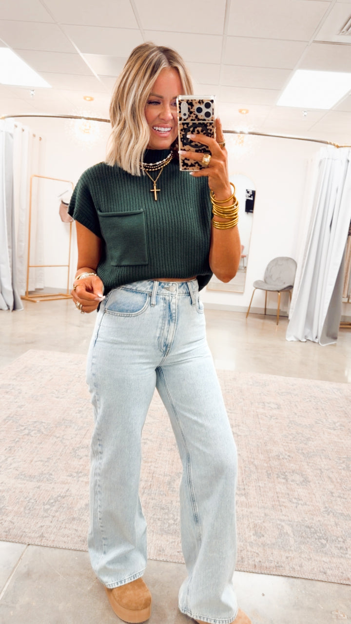 Dani Ribbed Short Sleeve Sweater-Green