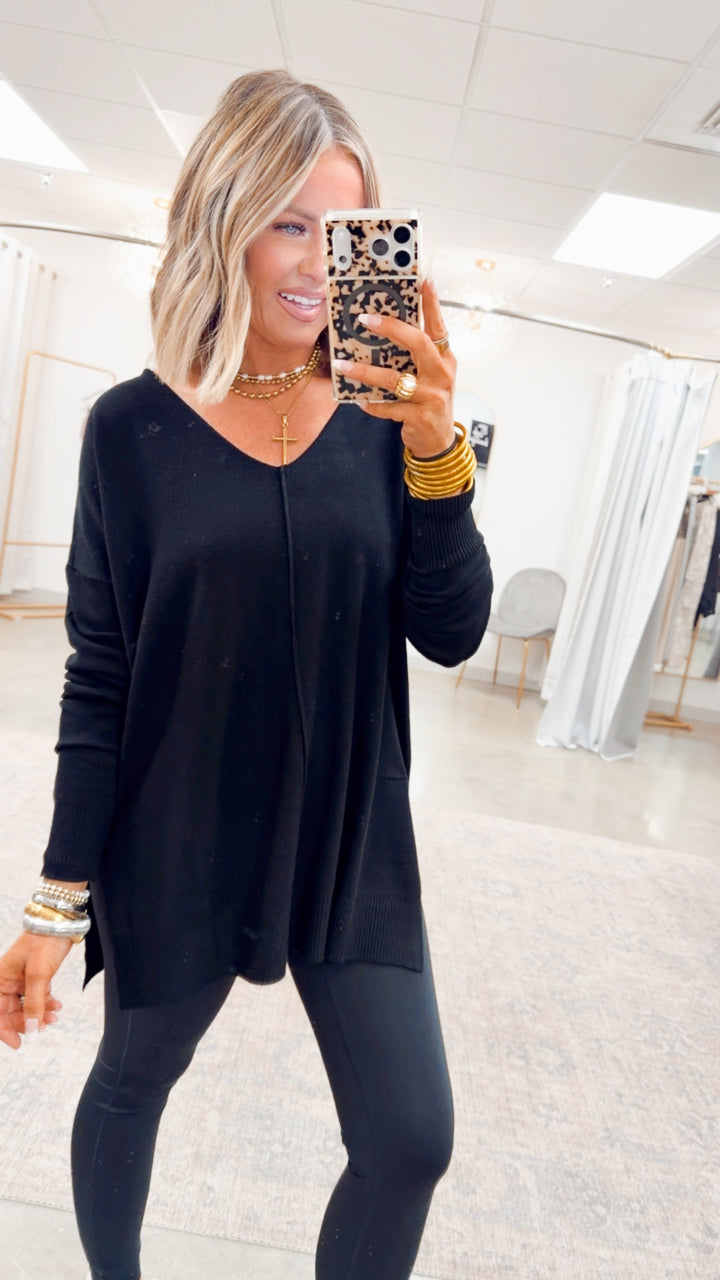 The Laramie Hi-Low Sweater- Black