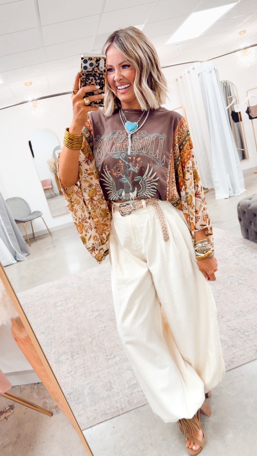 Rock N Roll Graphic Kantha Top-Brown