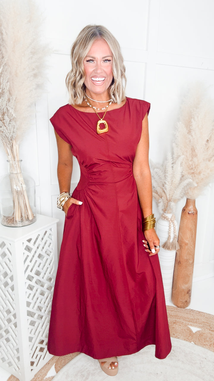 Marigold Ruched Midi Dress-Wine