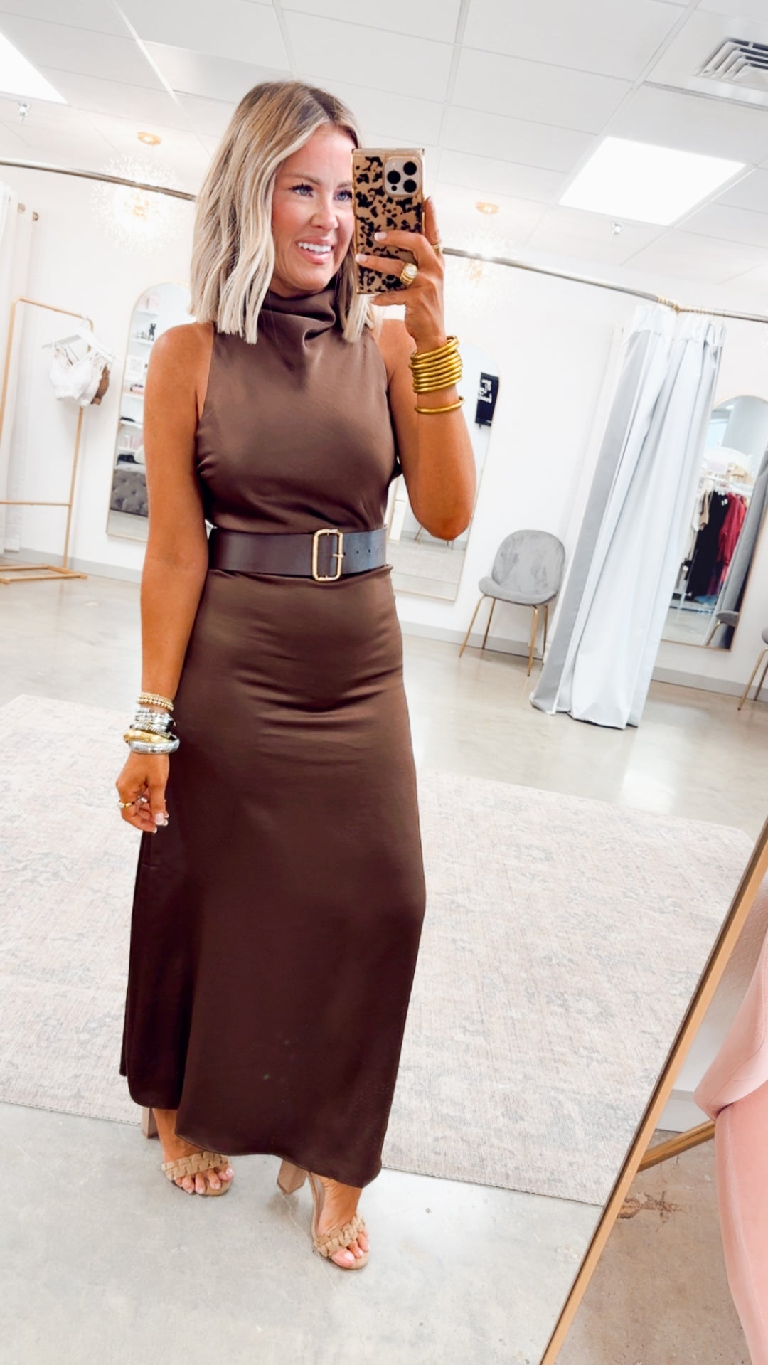 Halo High Neck Midi Dress-Brown