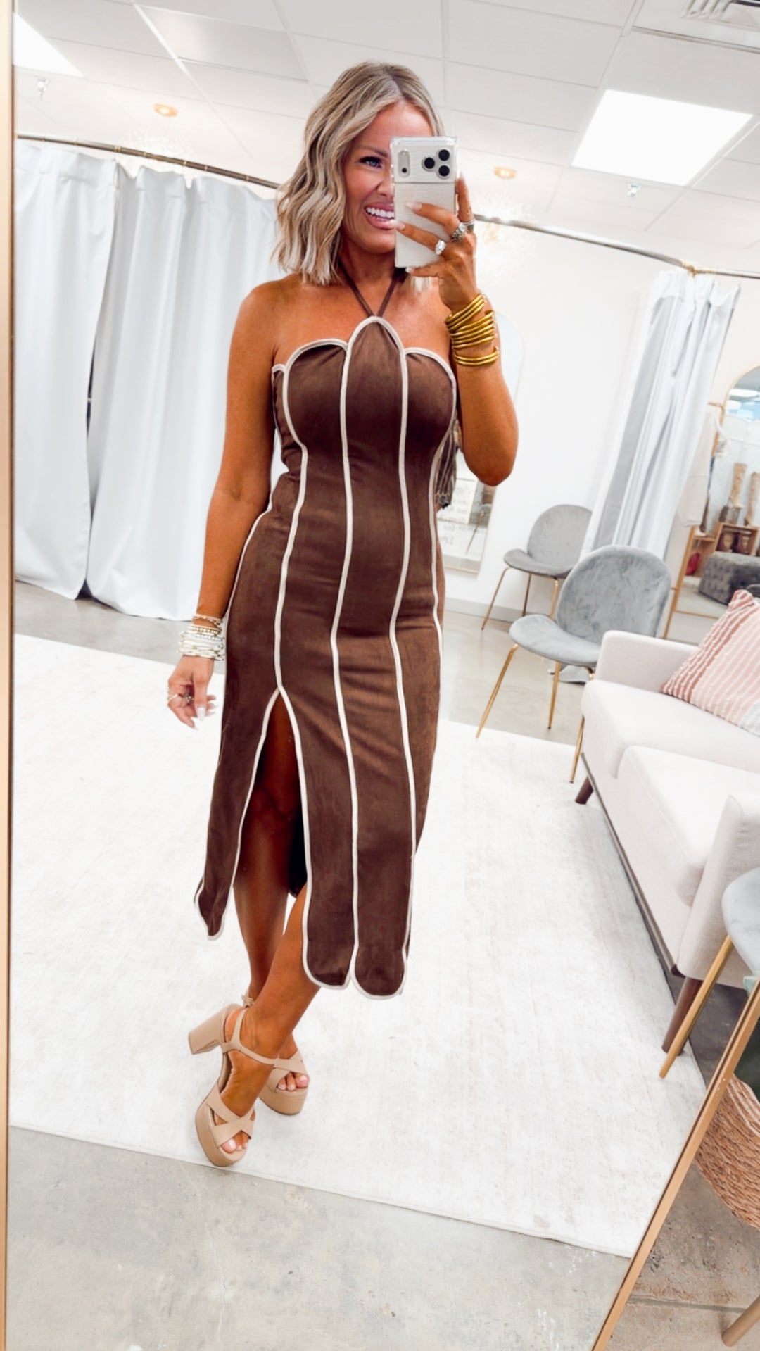 Scallop in Suede Dress-Brown/Taupe