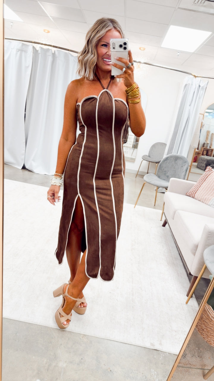 Scallop in Suede Dress-Brown/Taupe