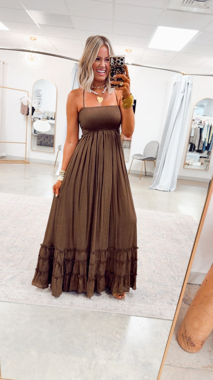 Viviana Smocked Halter Maxi Dress-Chocolate