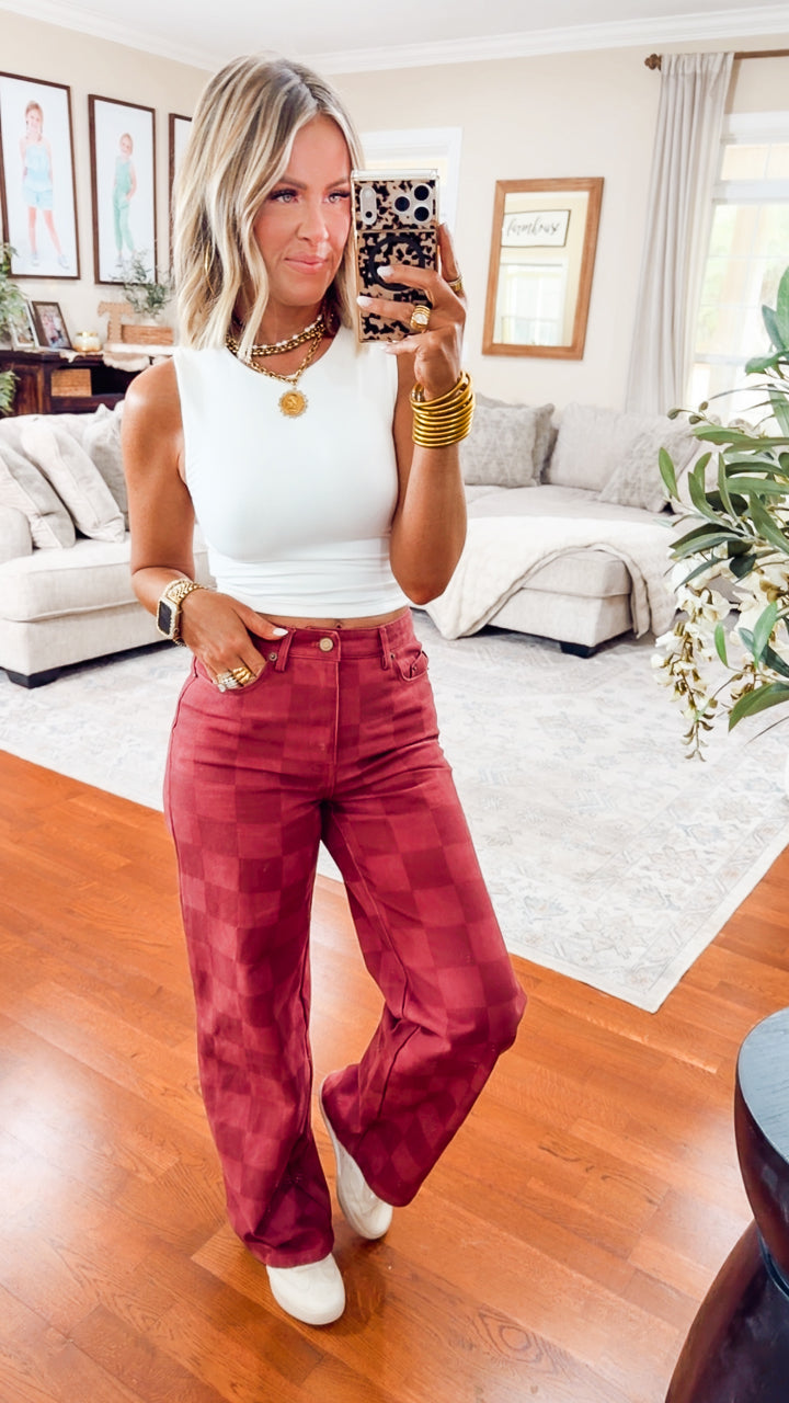 The Checkmate Cutie Jeans-Burgundy