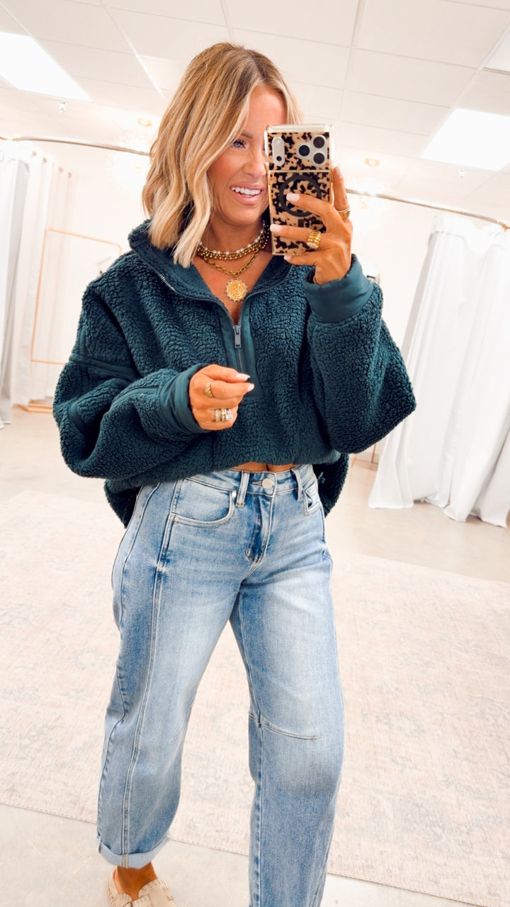 Sherpa Mock Neck Quarter Zip Jacket-Dk Green