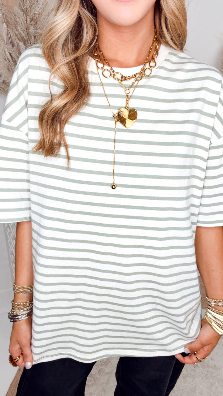 The Essential Stripe Tee-Sage Green
