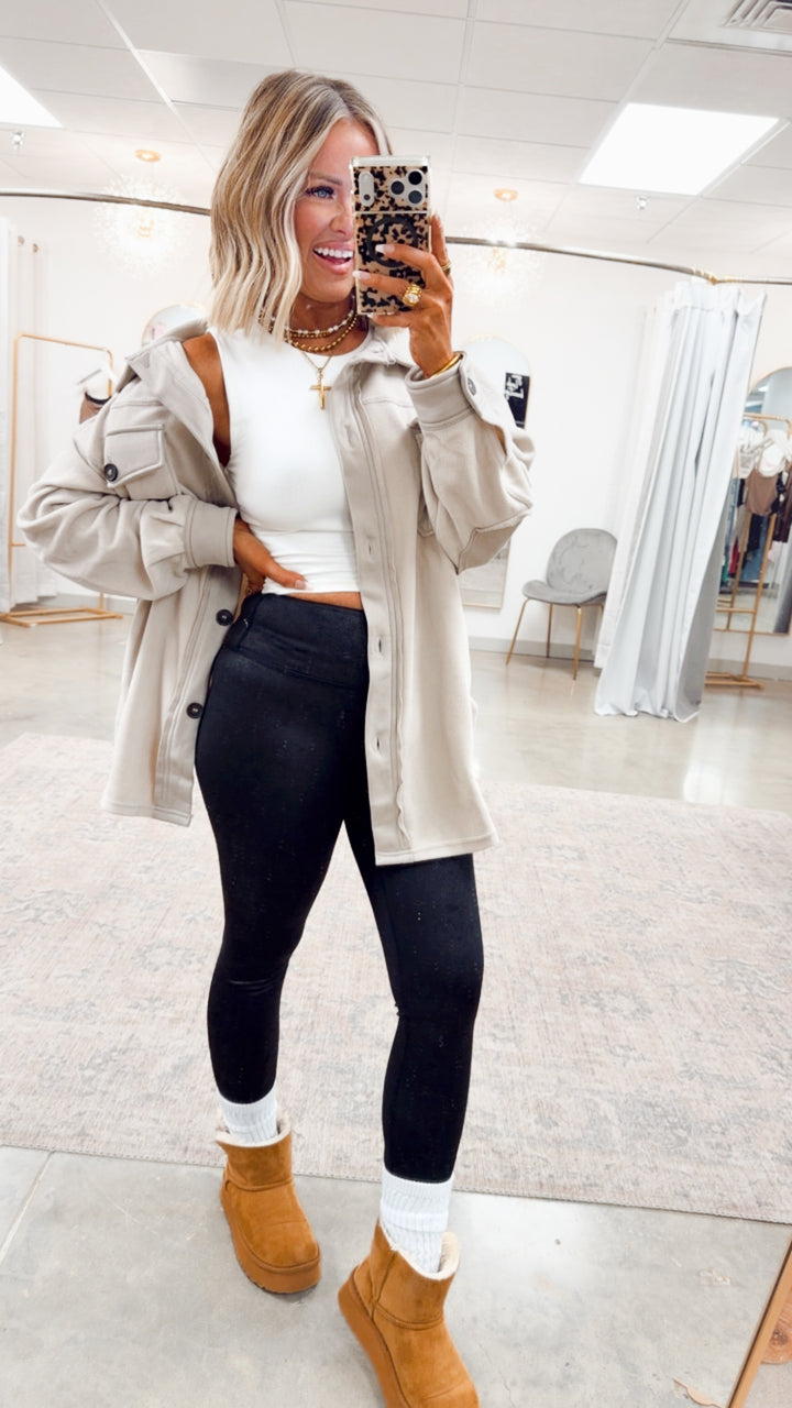 Oversized Basic Fleece Shacket-Sand Beige