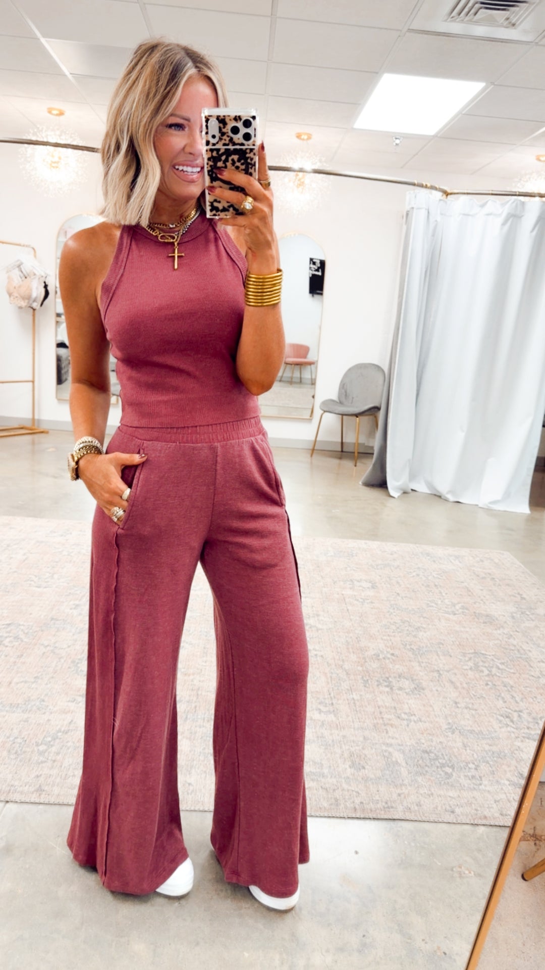 Harlow Halter Neck Crop Top & Pants Set-Wine