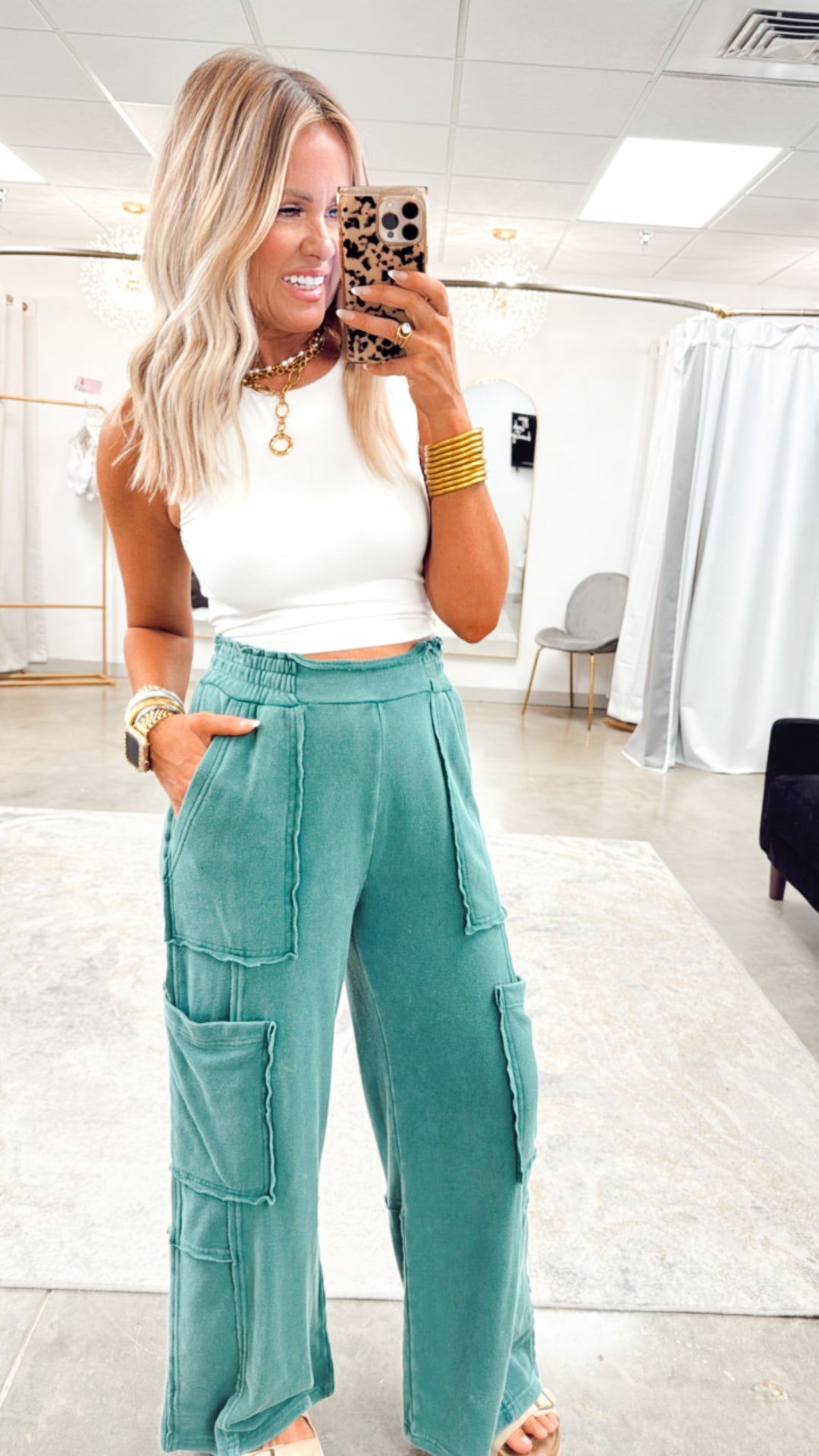 Stonewash Utility Sweatpants-Dark Green