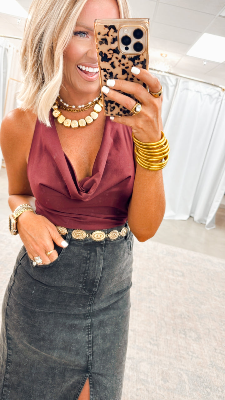Cowl Neck Ruched Halter Top-Maroon