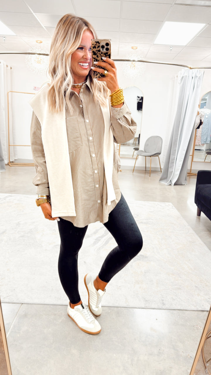 Evelyn Striped Top-Ash Olive