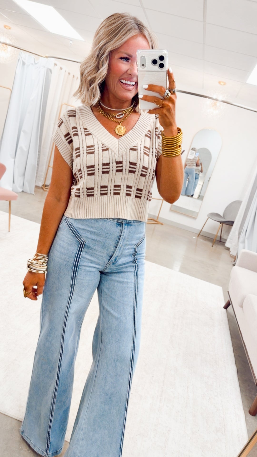 Oxford Cropped Knit Vest-Oatmeal/Cocoa