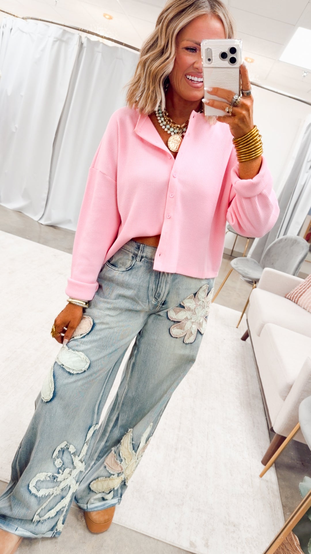 Waffle Daze Cardigan Top-Pink
