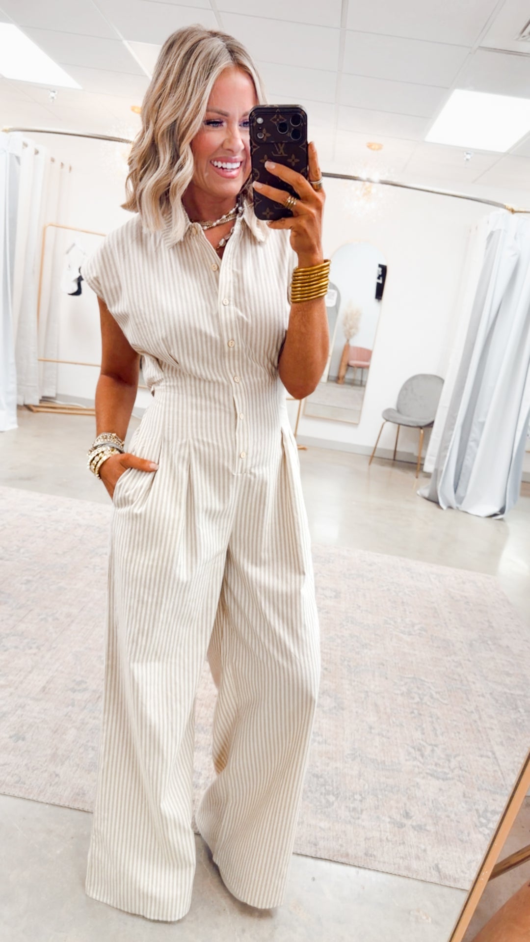 The Boardwalk Stripe Jumpsuit-Taupe