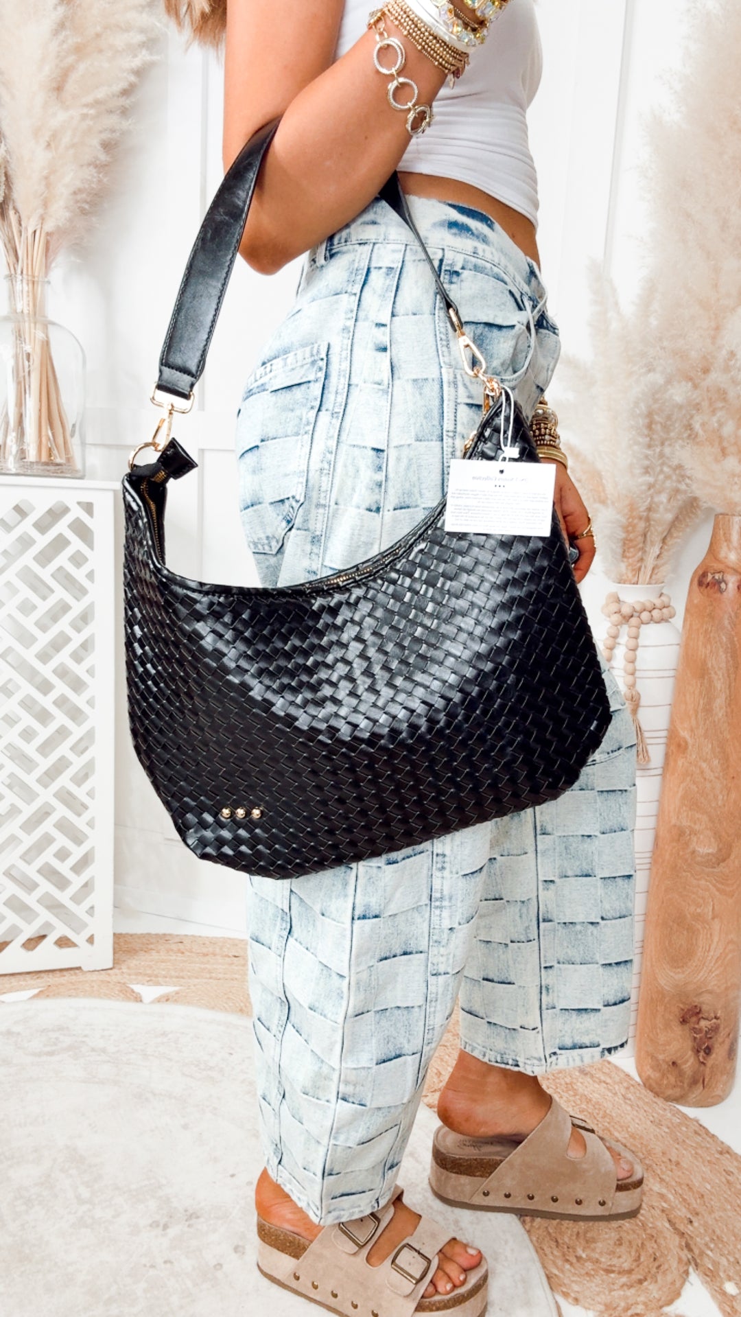 Sienna Slouchy Woven Shoulder Bag-Black