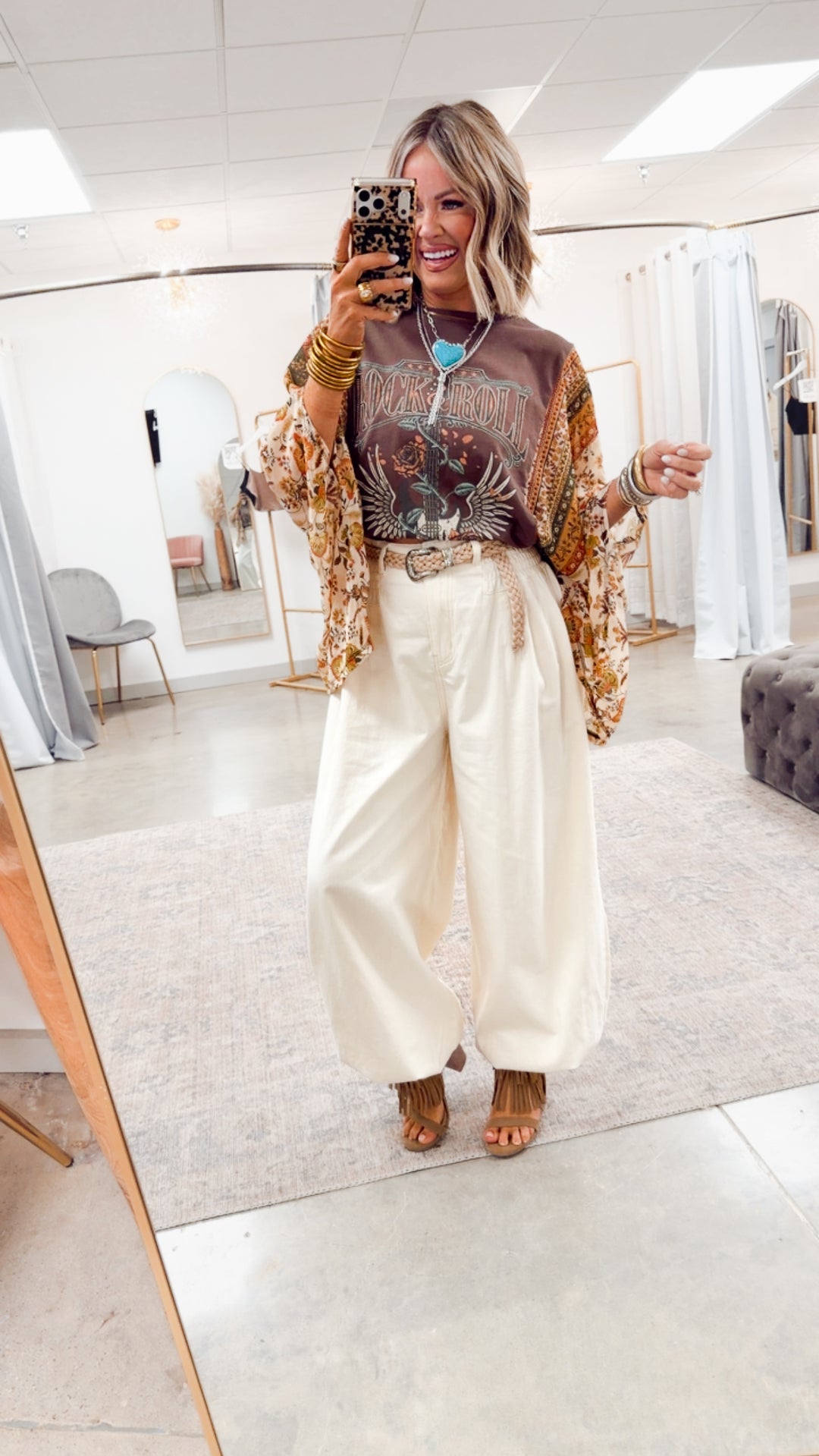 Rock N Roll Graphic Kantha Top-Brown