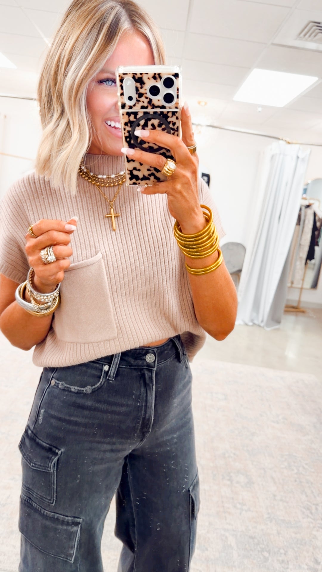 Dani Ribbed Short Sleeve Sweater-Taupe