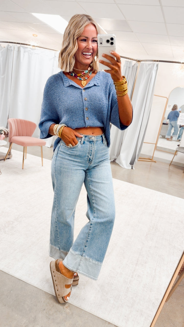 The Brandi Button Down Cardigan-Dusty Blue