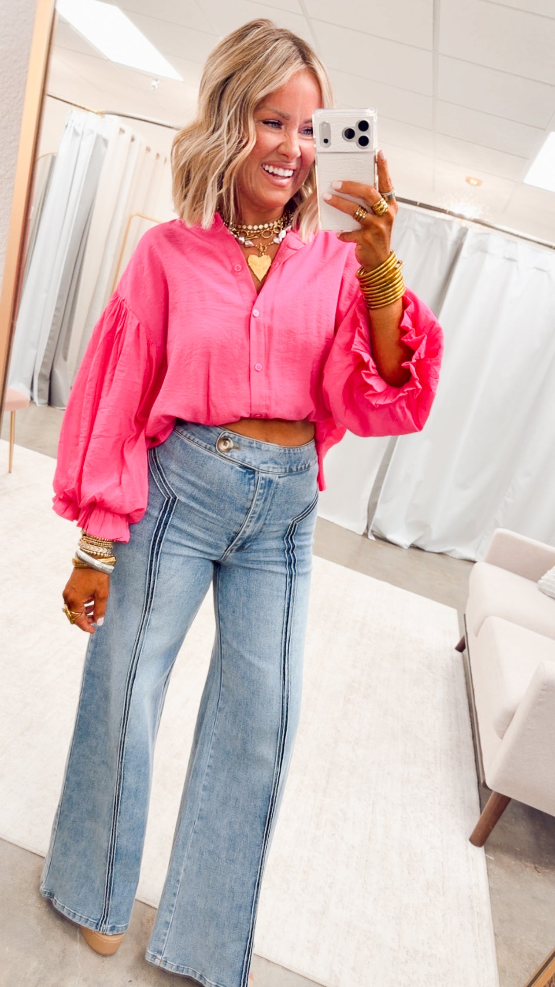 The Lucia Puff Sleeve Blouse-Fuchsia