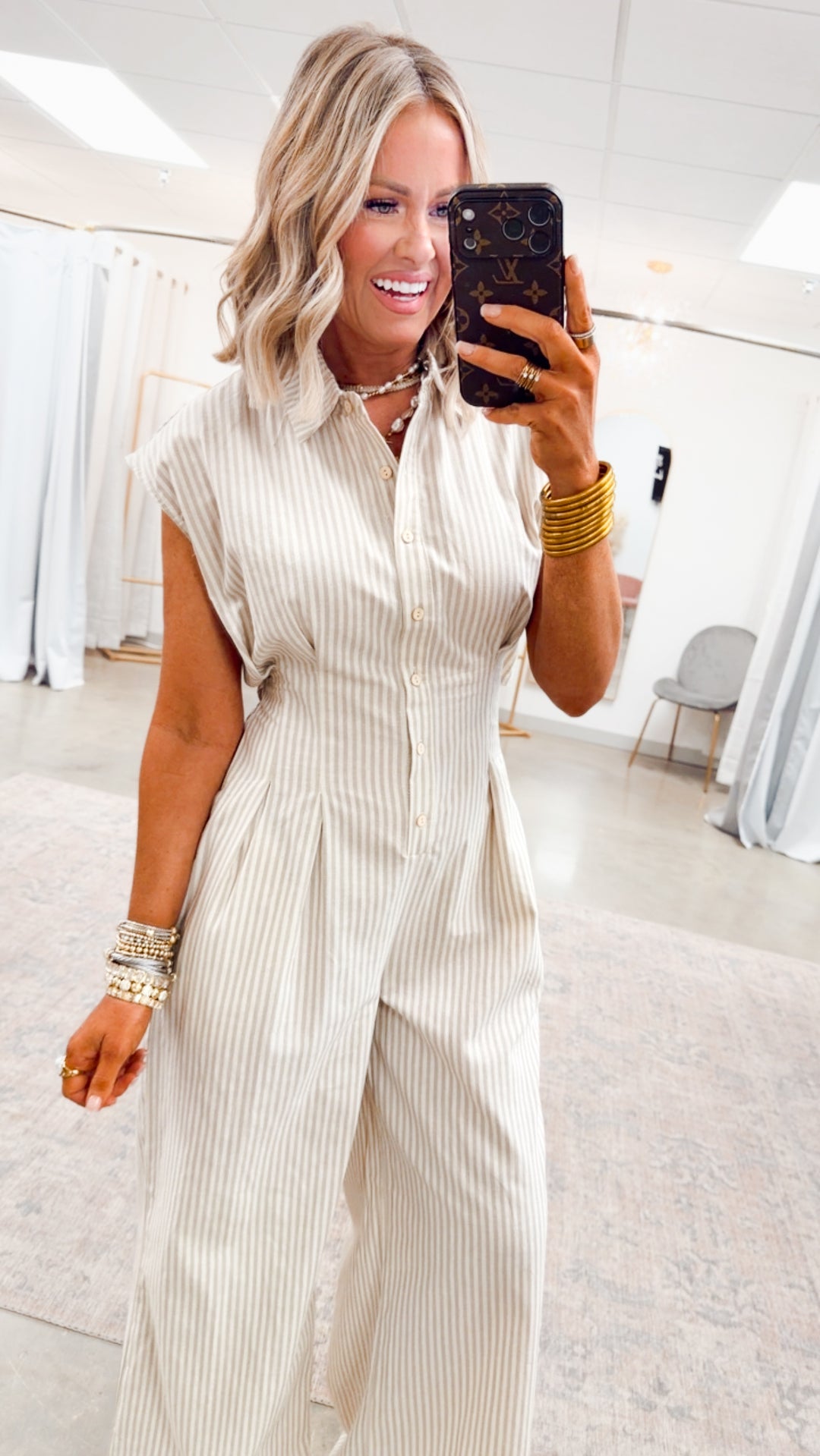 The Boardwalk Stripe Jumpsuit-Taupe