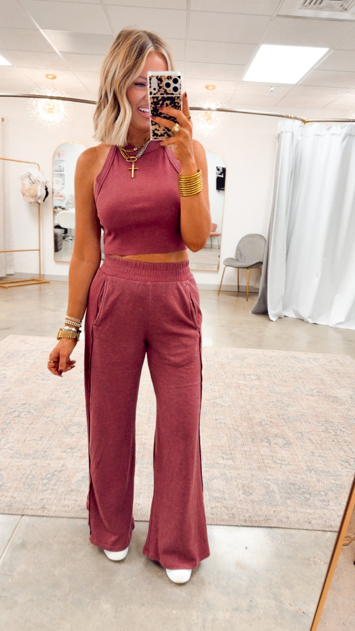 Harlow Halter Neck Crop Top & Pants Set-Wine