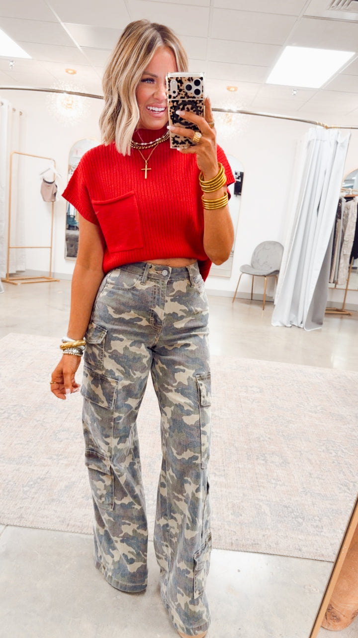 Dani Ribbed Short Sleeve Sweater-Red