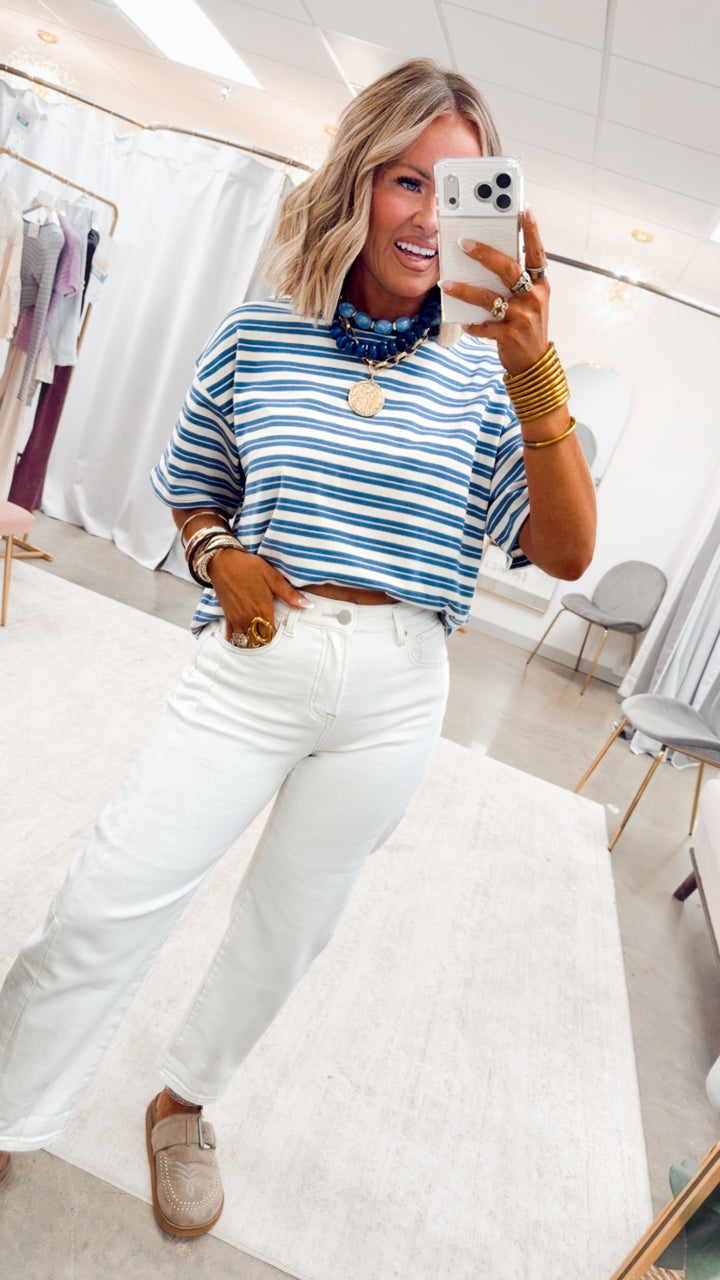 The Kinley Stripe Tee-Dusty Blue