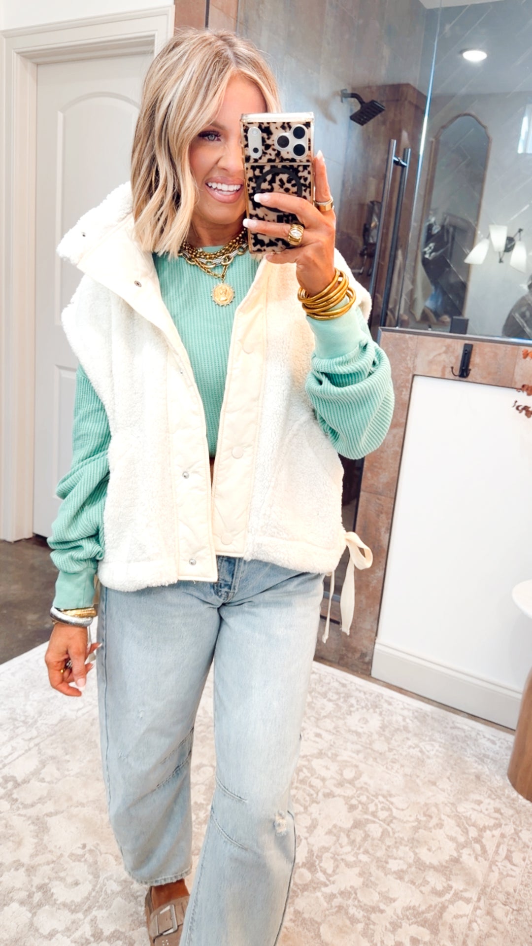 Mineral Washed Waffle Long Sleeve Top-Emerald