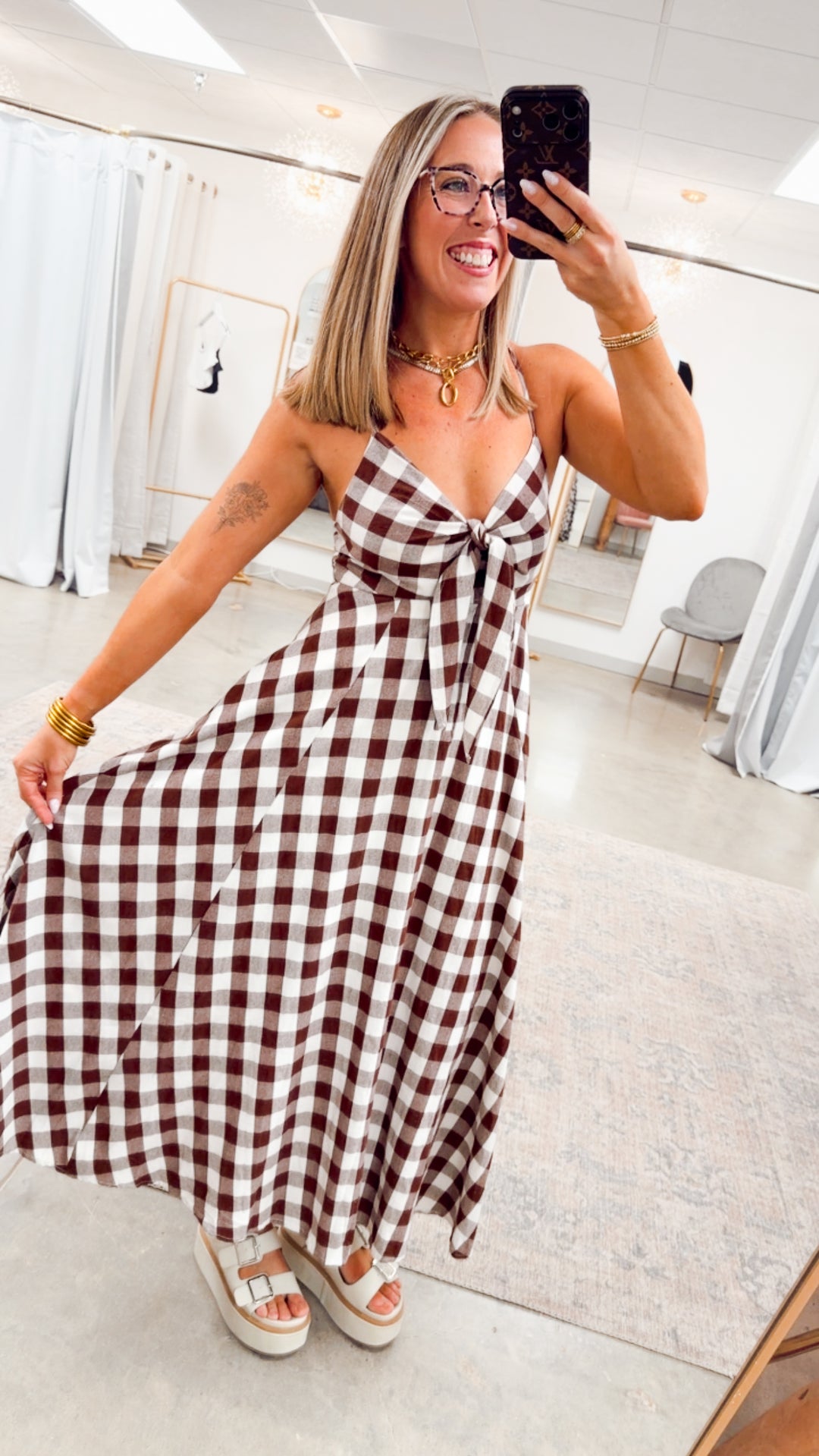 The Gingham Front Tie Midi Dress Large