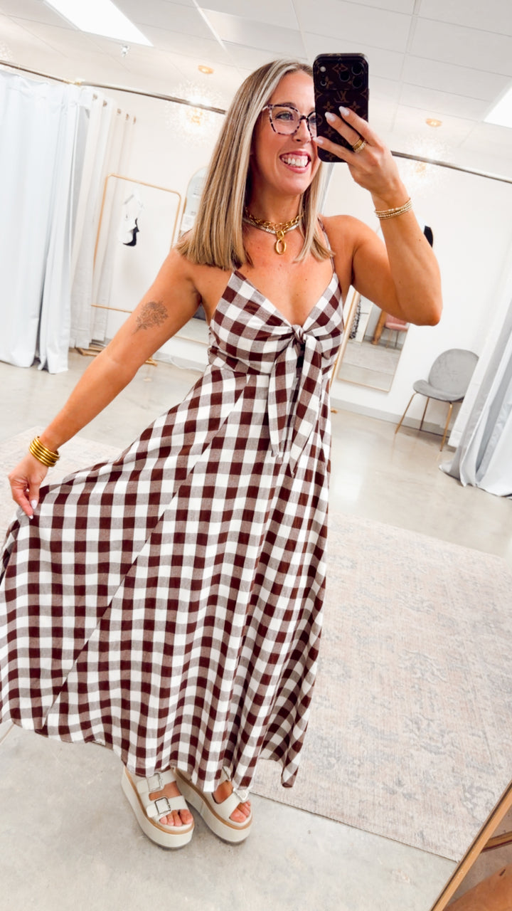 The Gingham Front Tie Midi Dress
