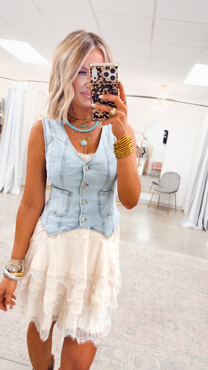 Scallop Lace Slip Mini Dress-Cream