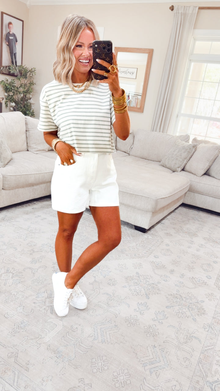 The Essential Cropped Stripe Tee-Sage Green