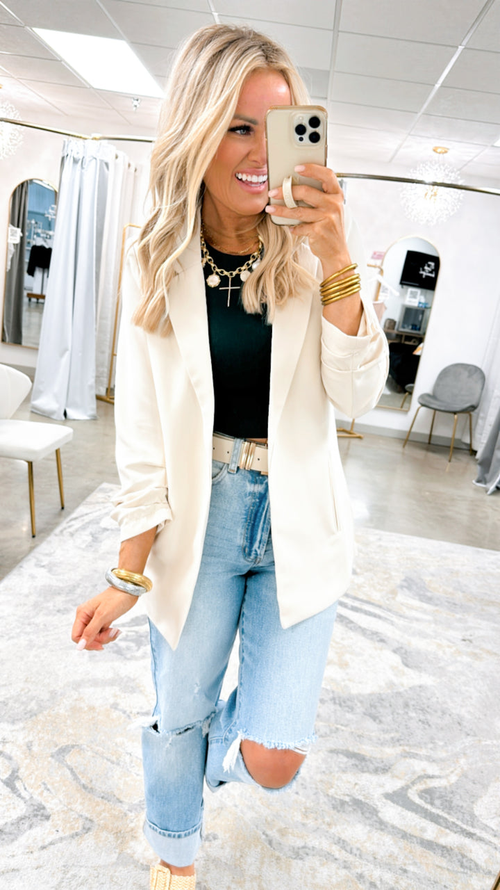 The Modern Ruched Sleeve Blazer-Cream