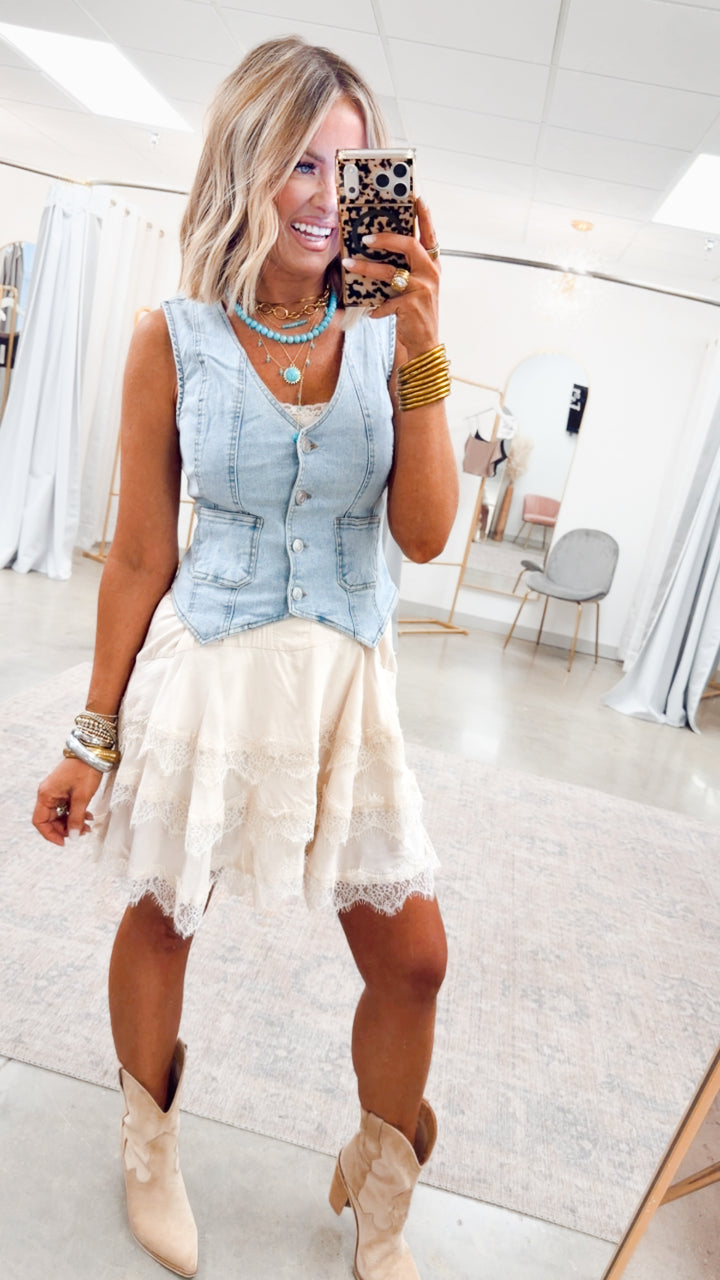 Scallop Lace Slip Mini Dress-Cream