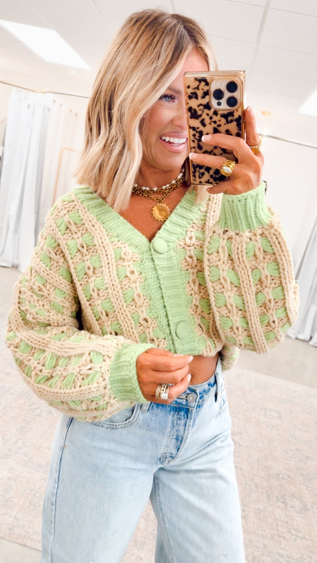 Chunky Lattice Cardigan-Green/Taupe