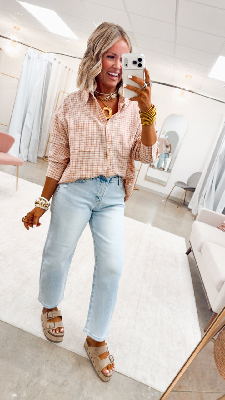 Pinstripe Plaid Oversized Shirt-Red