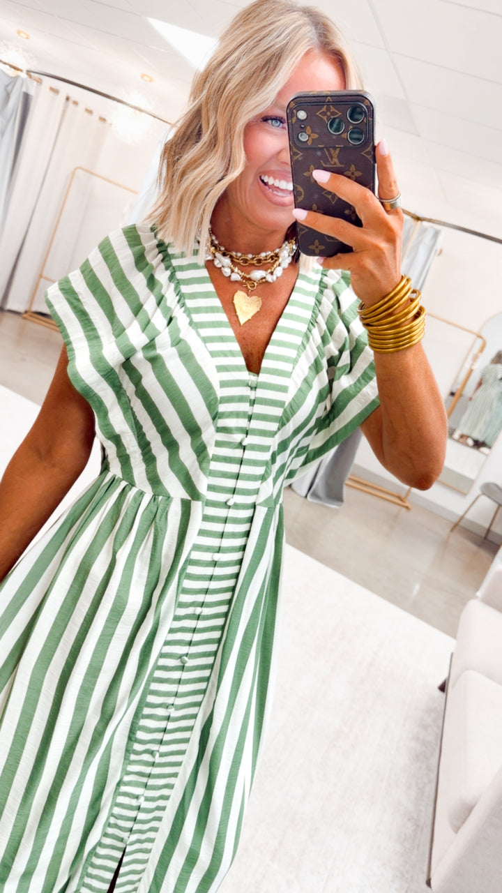 The Harbor Stripe Midi Dress-Green