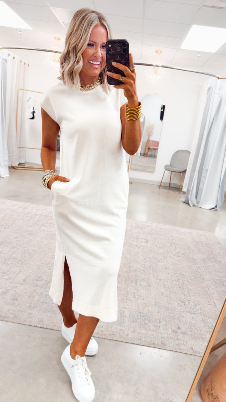 Mineral Washed Cap Sleeve Midi Dress-Alpaca