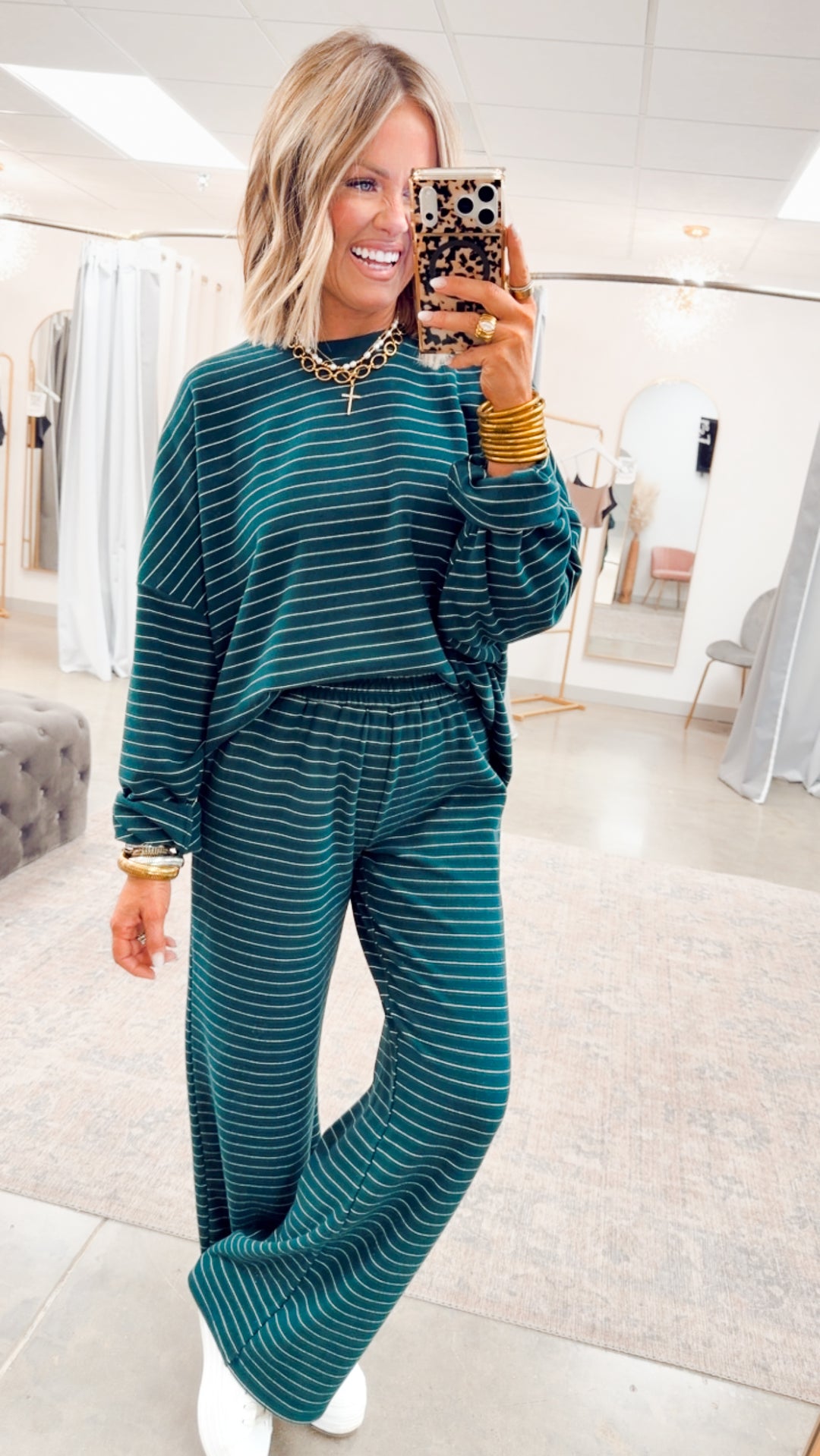 Lexi Striped Lounge Pants-Green/White