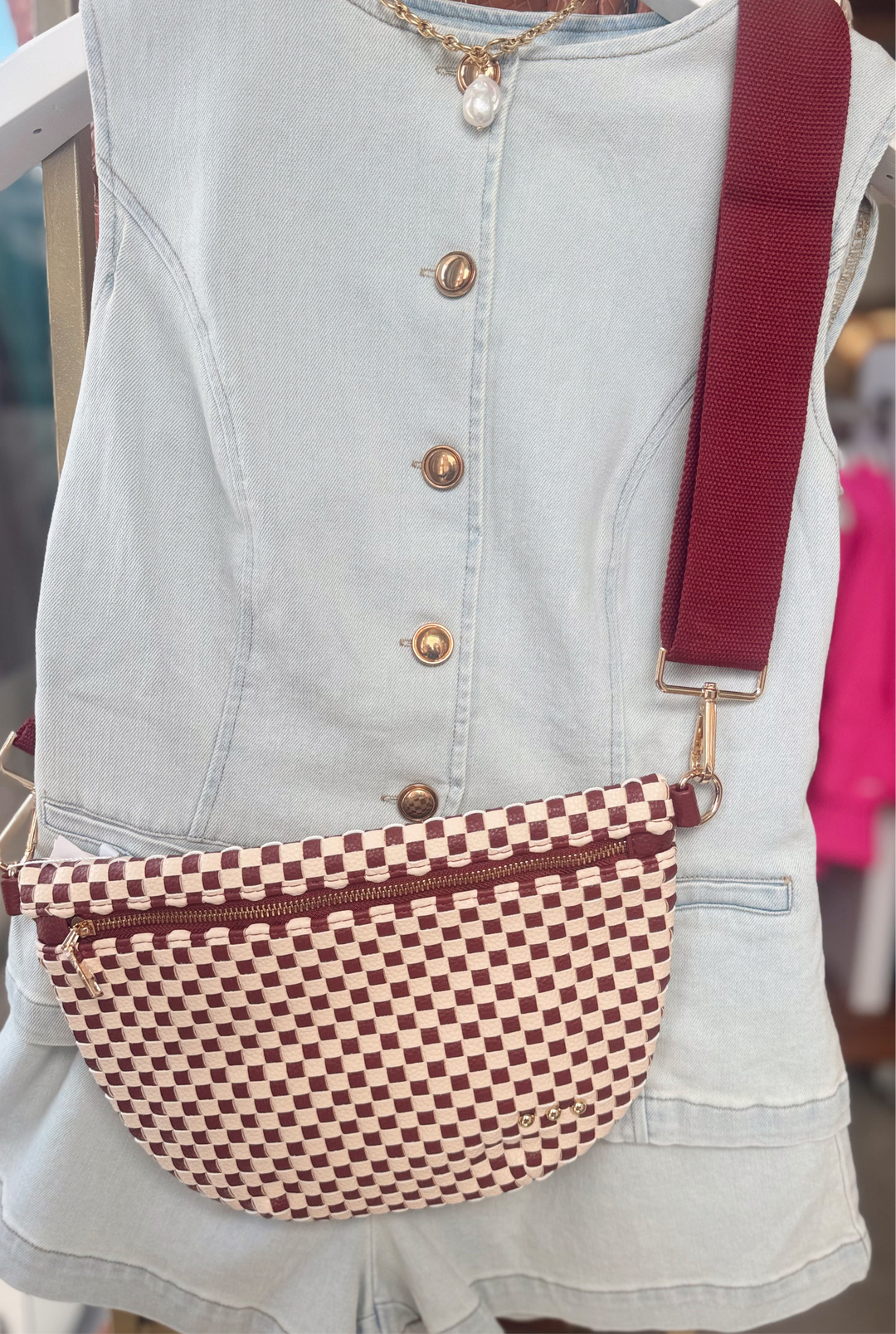 Checkered Burgundy Westlyn Woven Bum Bag