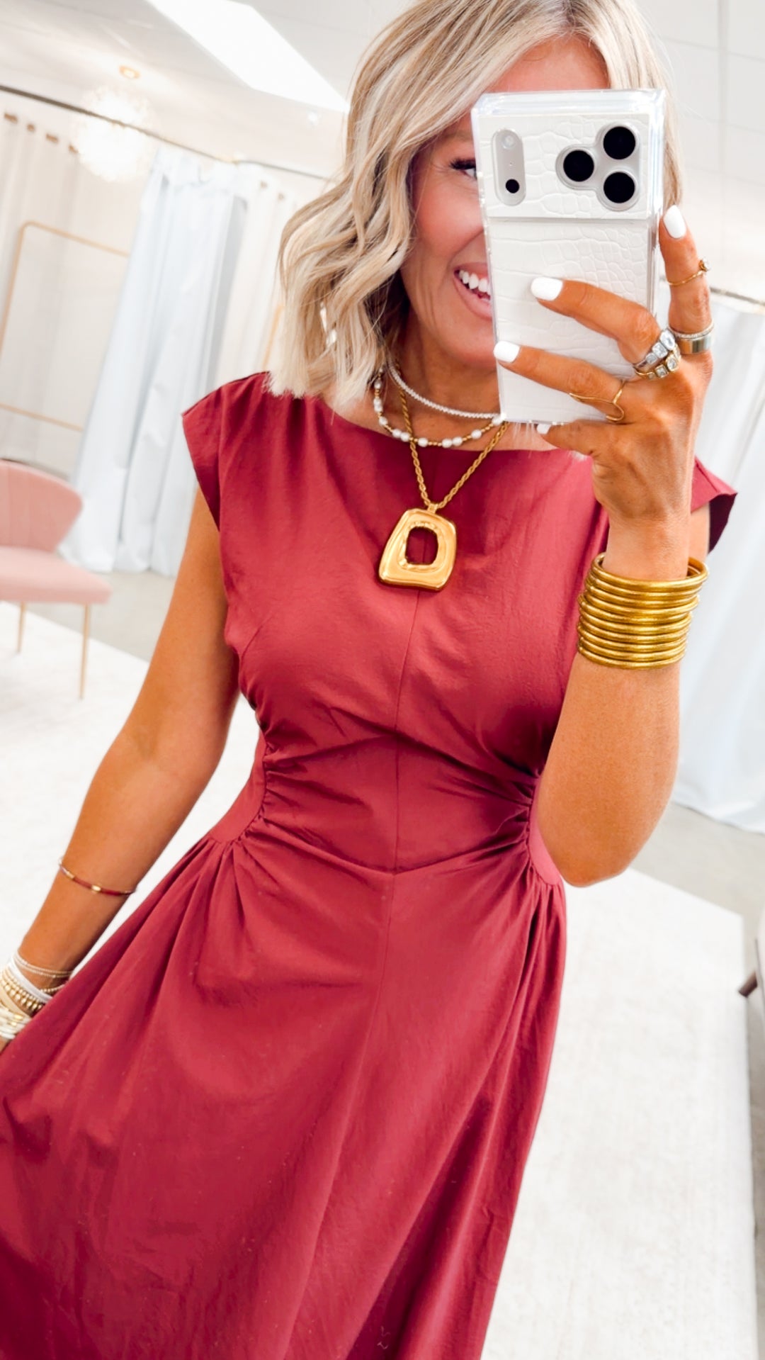 Marigold Ruched Midi Dress-Wine