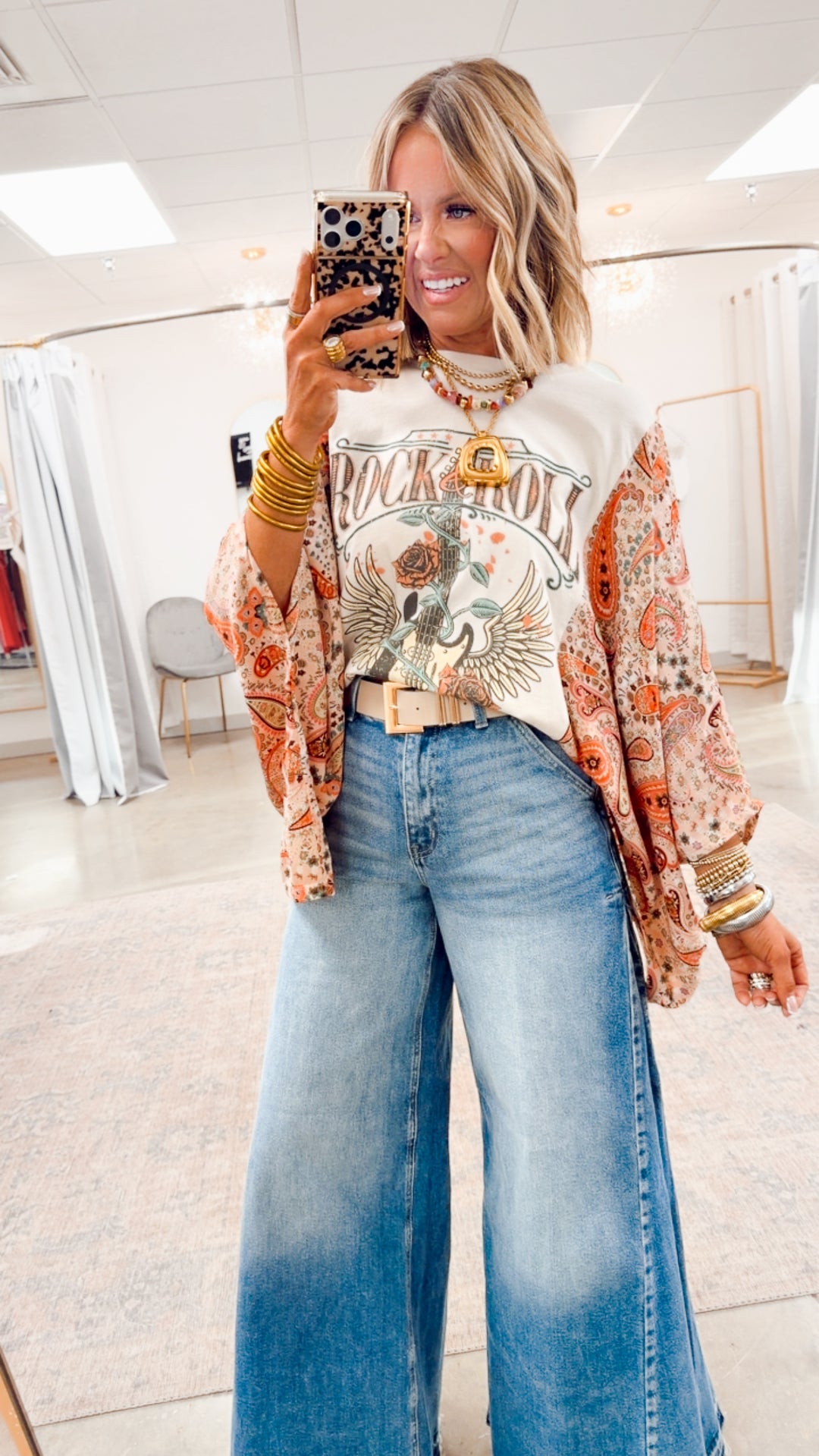 Rock N Roll Graphic Kantha Top-Bone