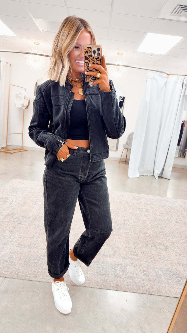 Distressed Biker Jacket-Black