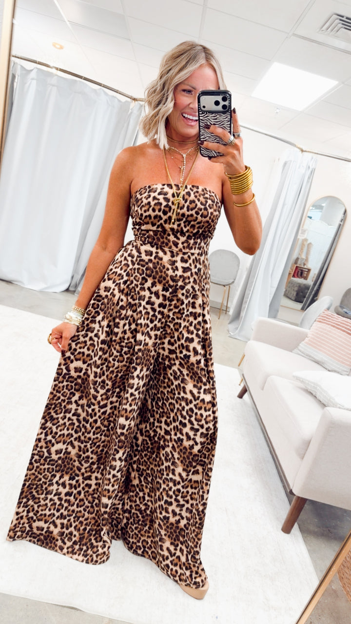 The Leopard Print Strapless Jumpsuit-Brown