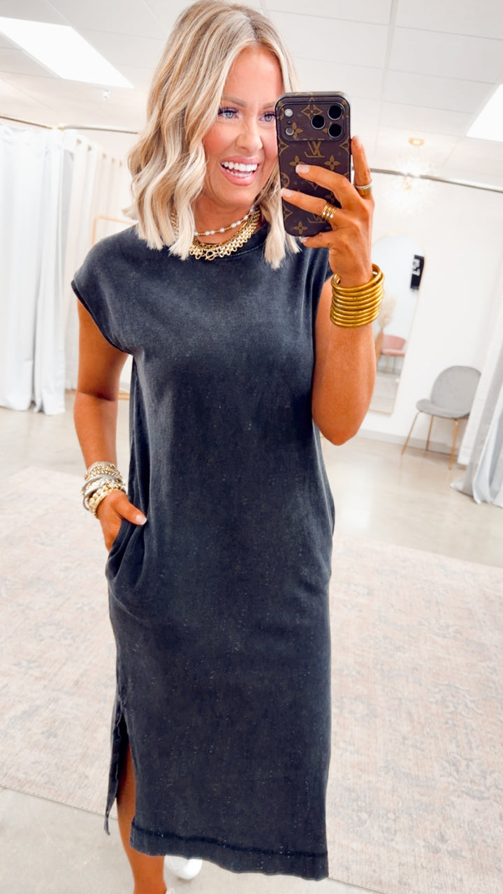 Mineral Washed Cap Sleeve Midi Dress-Black