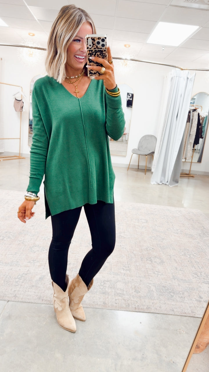 The Laramie Hi-Low Sweater- Dk Green