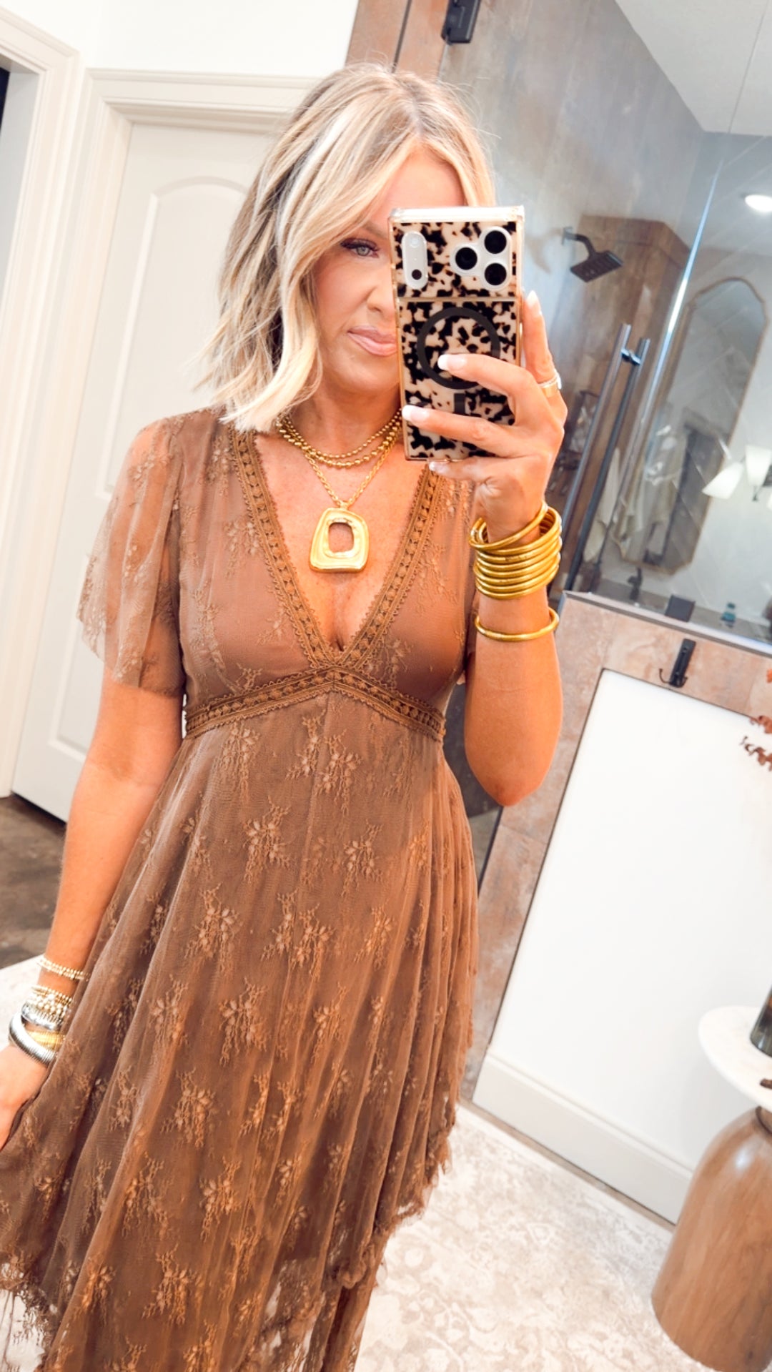 Embellished Lace Hem Dress-Brown